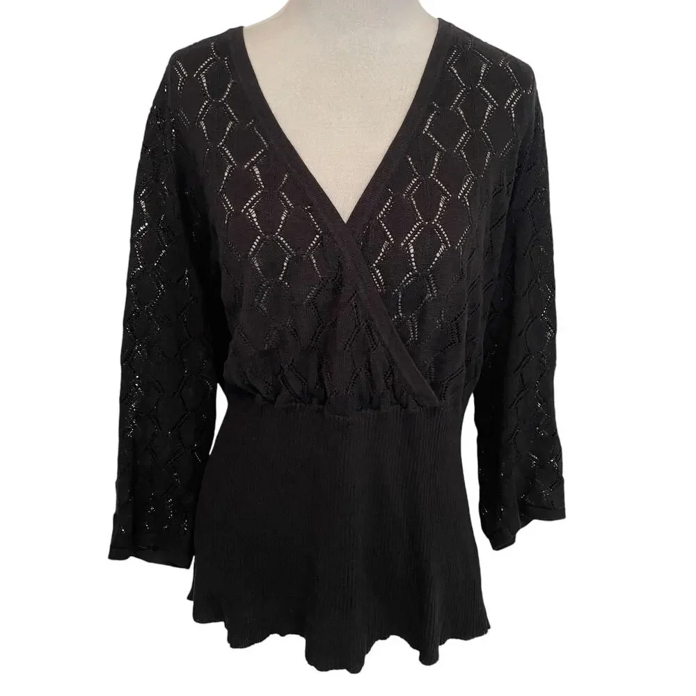 Lane Bryant Pointelle Sweater Womens Size 18/20 Black V-Neck Flattering 2X - Picture 2 of 8